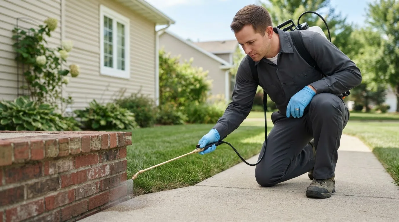 Pest control technician treating a home near Leopold, MO